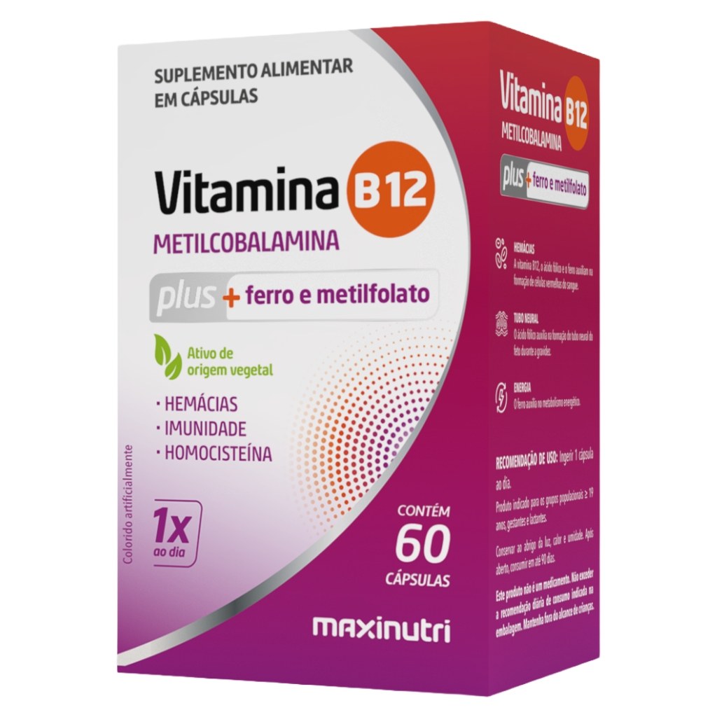 Vitamina B12 Plus - Metilcobalamina com Ferro e Metilfolato 60 cápsulas Maxinutri